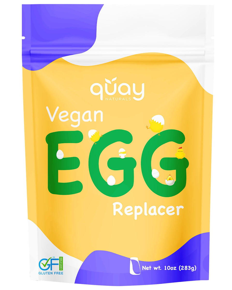Quay Naturals vegan egg replacer packaging on the counter, ready to bake.
