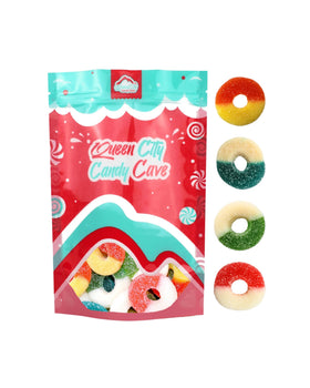 Queen City Candy Cave apple gummy rings with glossy sugar dust
