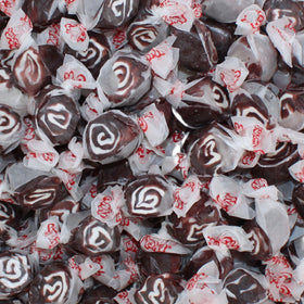 Queen City Candy Cave Black Licorice Swirl saltwater taffy bulk bag, ideal for parties.