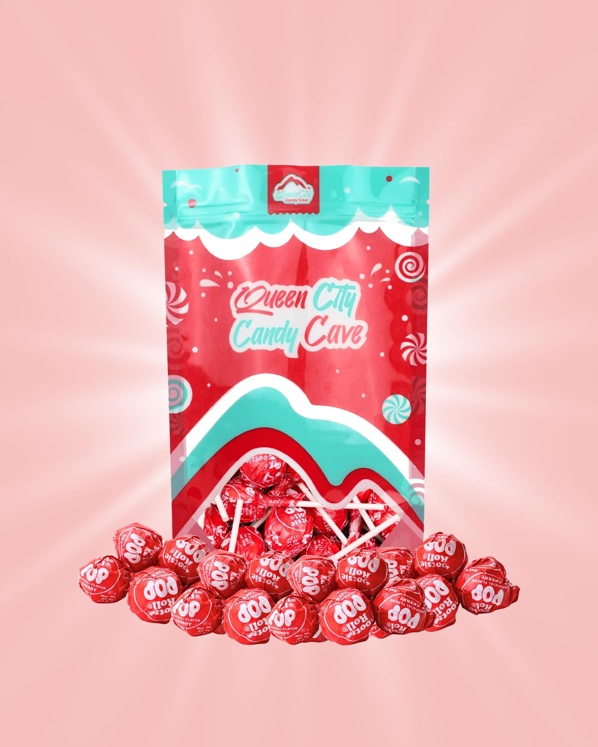 QUEEN CITY CANDY CAVE cherry-tootsie center lollipops with chocolate core