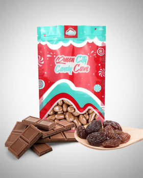 Plump California raisins enrobed in milk chocolate by Queen City Candy Cave.