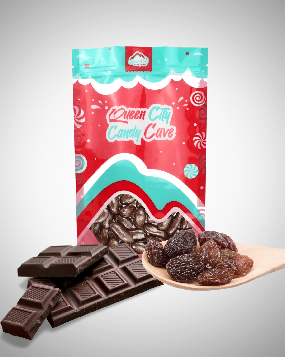 Dark chocolate coating over plump raisins by Queen City Candy Cave