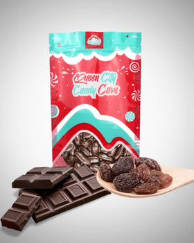 Dark chocolate coating over plump raisins by Queen City Candy Cave