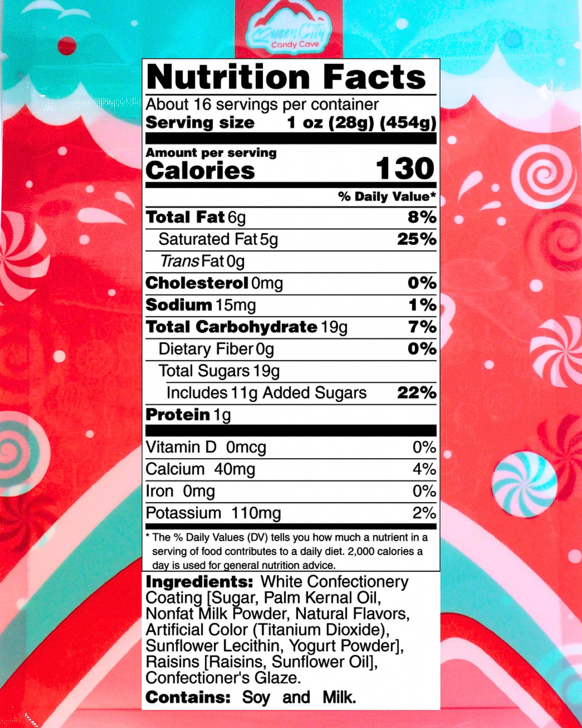 Soft, chewy Queen City Candy Cave raisins with creamy yogurt chocolate coating.
