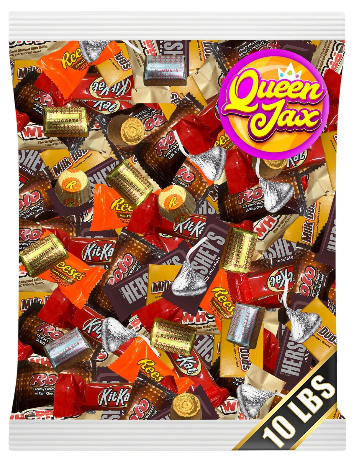 QUEEN JAX assorted chocolate variety pack shows a bulk 10 lb assortment, ideal for sharing.