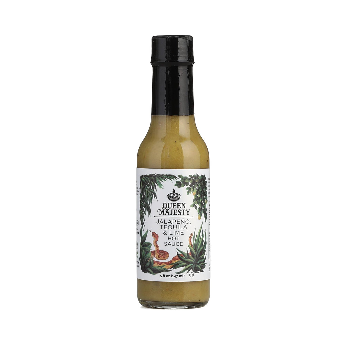 Queen Majesty Jalapeño Tequila and Lime hot sauce bottle adds bold flavor to meals.