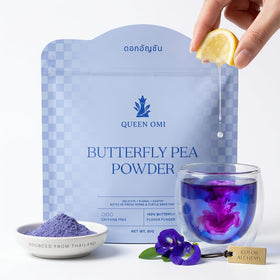 Queen Omi butterfly pea tea powder packshot highlighting organic sourcing and purity.