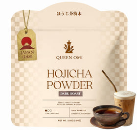 Queen Omi Hojicha powder 80g packaging highlighting premium roast and organic certification.