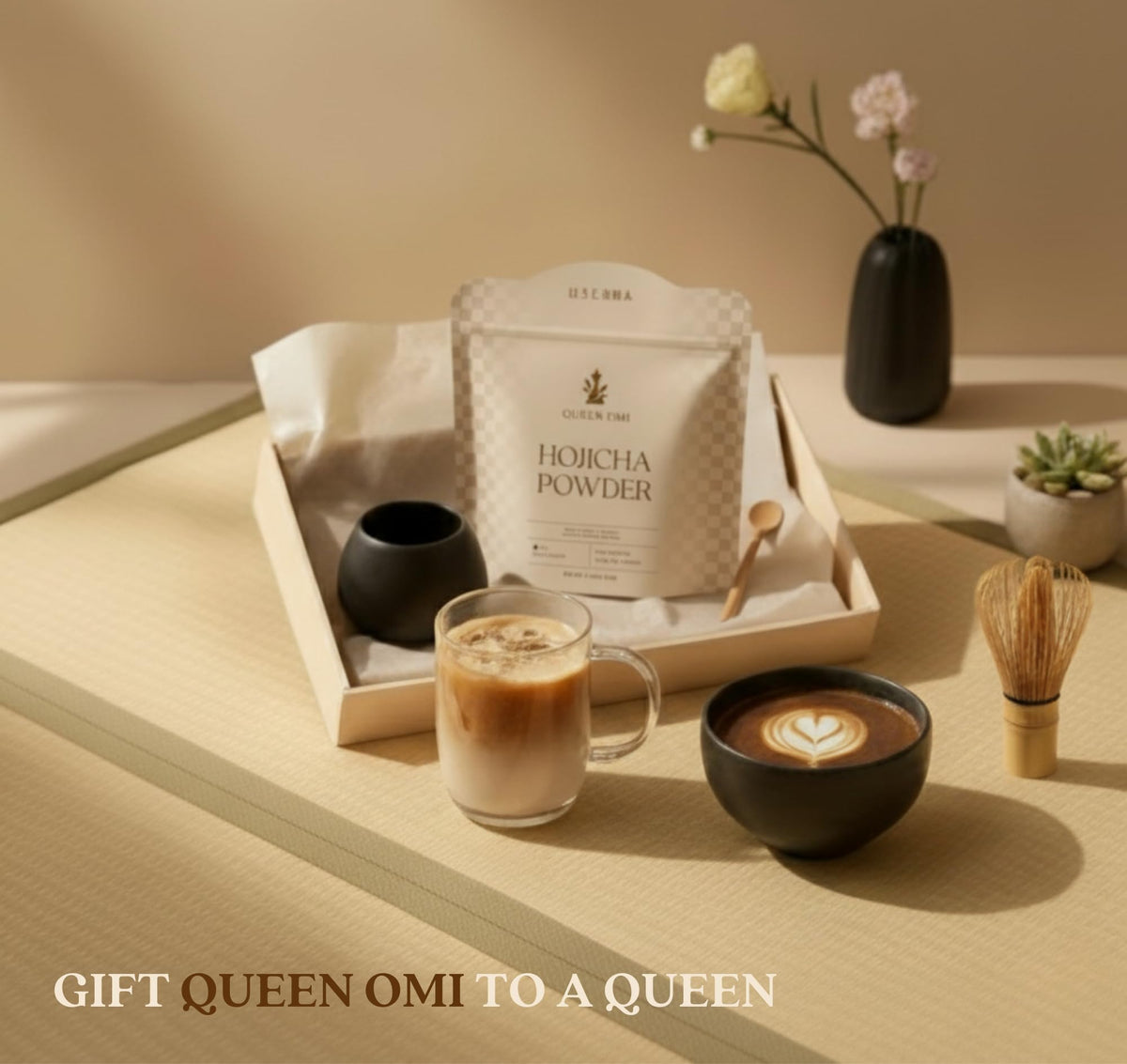Queen Omi Hojicha Powder dessert use adds toasted character and color
