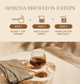 Queen Omi Hojicha Powder hot latte showcases mellow, nutty finish