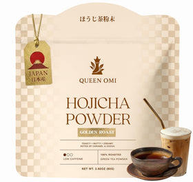 Queen Omi Hojicha Powder packaging highlights premium organic Japanese tea