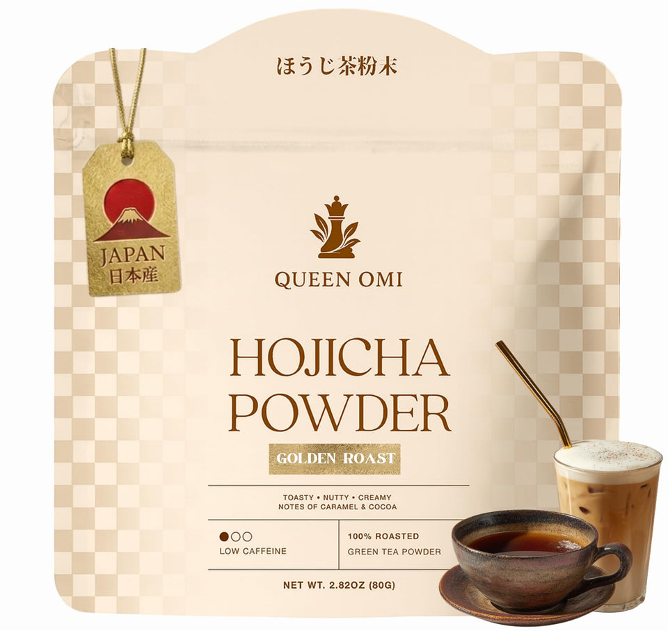 Queen Omi Hojicha Powder packaging highlights premium organic Japanese tea