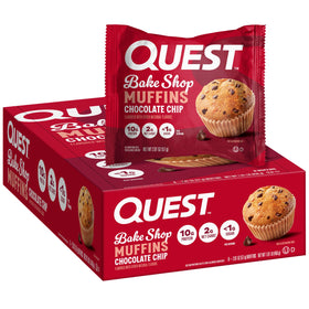Quest Bake Shop chocolate chip muffin front view, protein-packed snack.
