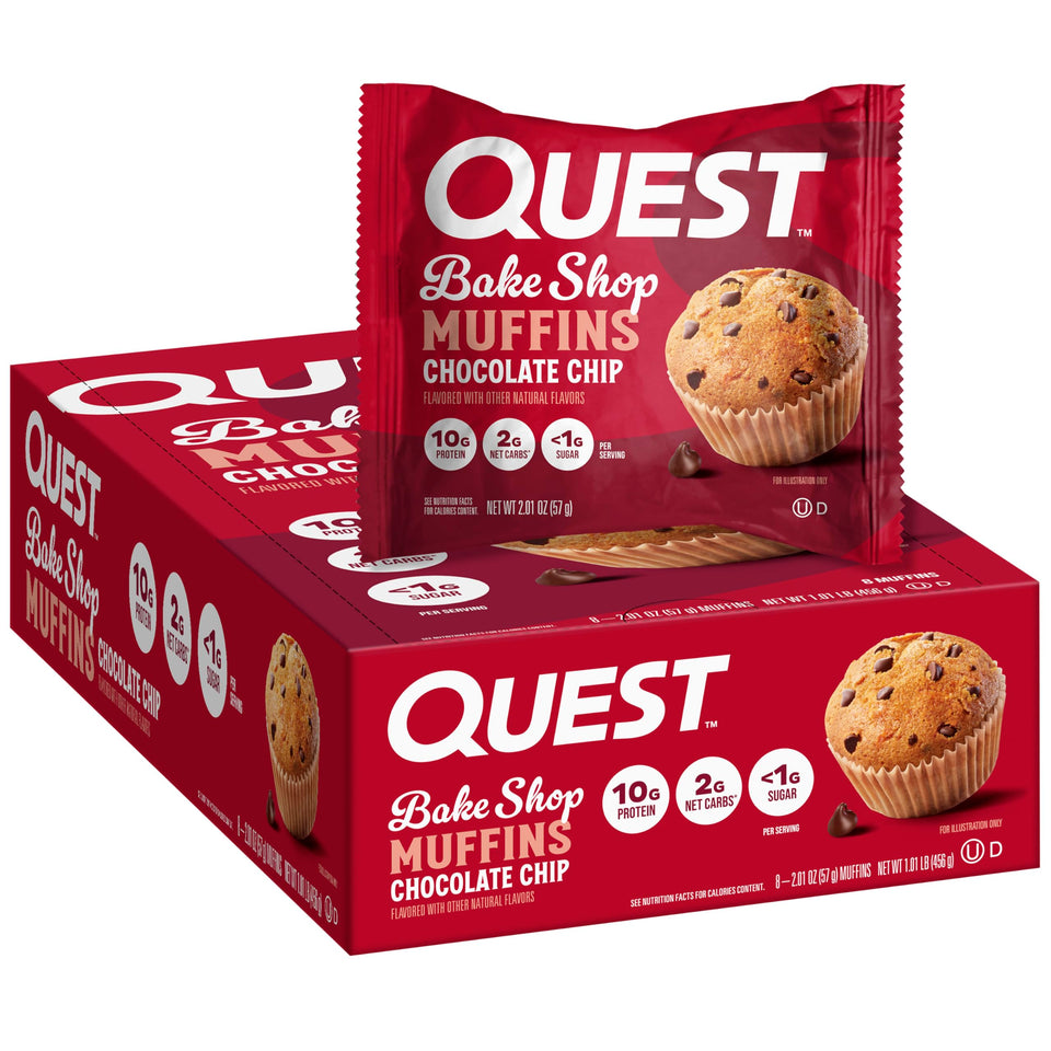 Quest Bake Shop chocolate chip muffin front view, protein-packed snack.