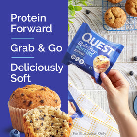 Quest Blueberry Muffins nutrition panel visible, highlighting 10g protein per serving for balance.