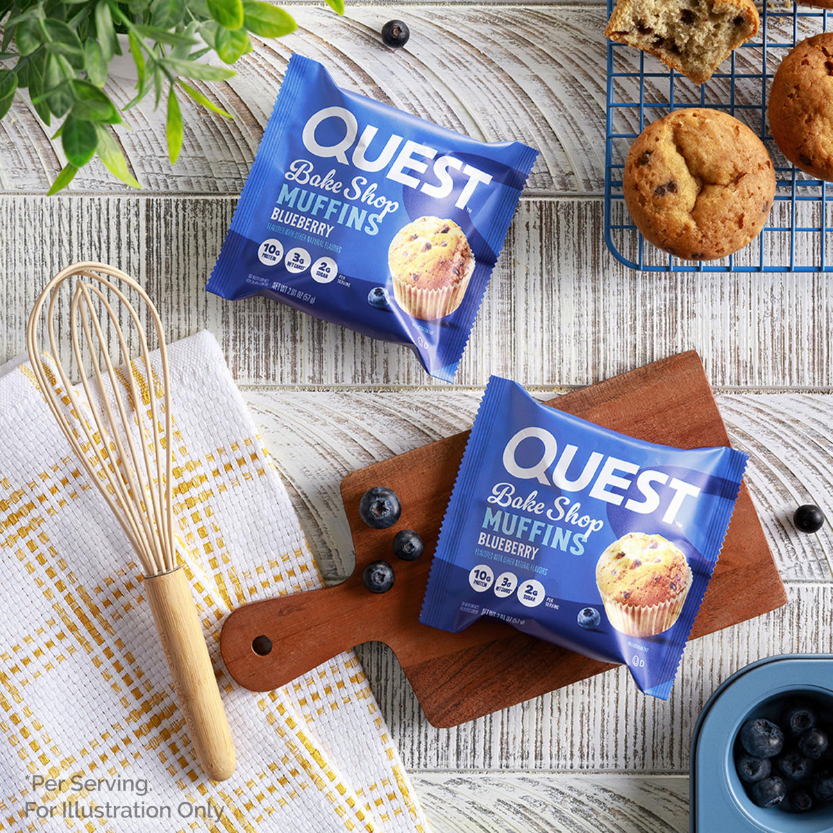 Quest Blueberry Muffins on-the-go serving suggests quick protein fueling during busy days.