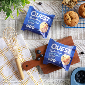 Quest Blueberry Muffins on-the-go serving suggests quick protein fueling during busy days.