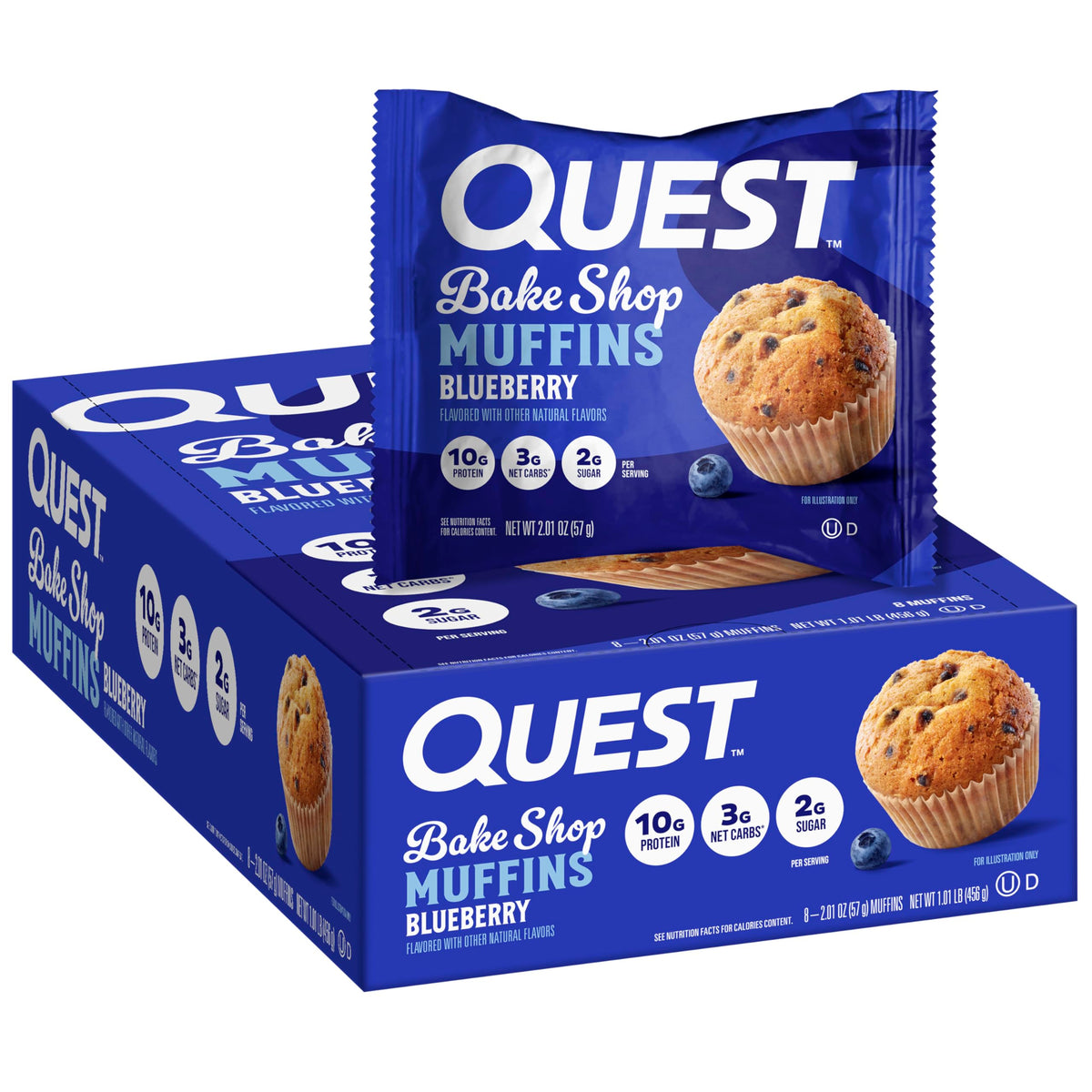Quest Blueberry Muffins packaging highlights brand and convenient reseal for on-the-go snacking.