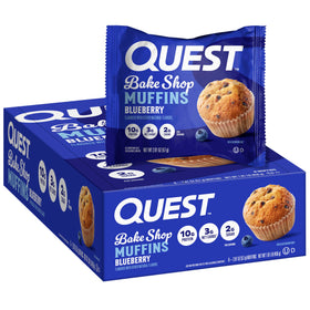 Quest Blueberry Muffins packaging highlights brand and convenient reseal for on-the-go snacking.