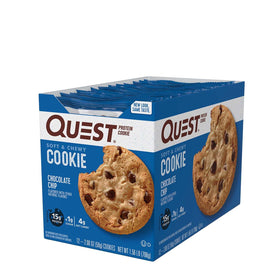 Quest Chocolate Chip Protein Cookie 12-count carton communicates convenient bulk packaging.
