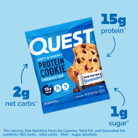 Quest Chocolate Chip Protein Cookie held in hand for portable, on-the-go snacking.