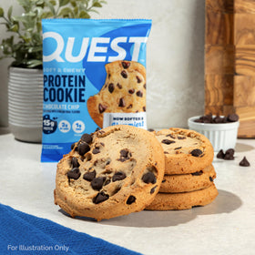 Quest Chocolate Chip Protein Cookie on desk illustrates desk-side snack appeal.