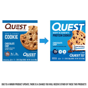 Quest Chocolate Chip Protein Cookie soft bite close-up emphasizes chewy texture.