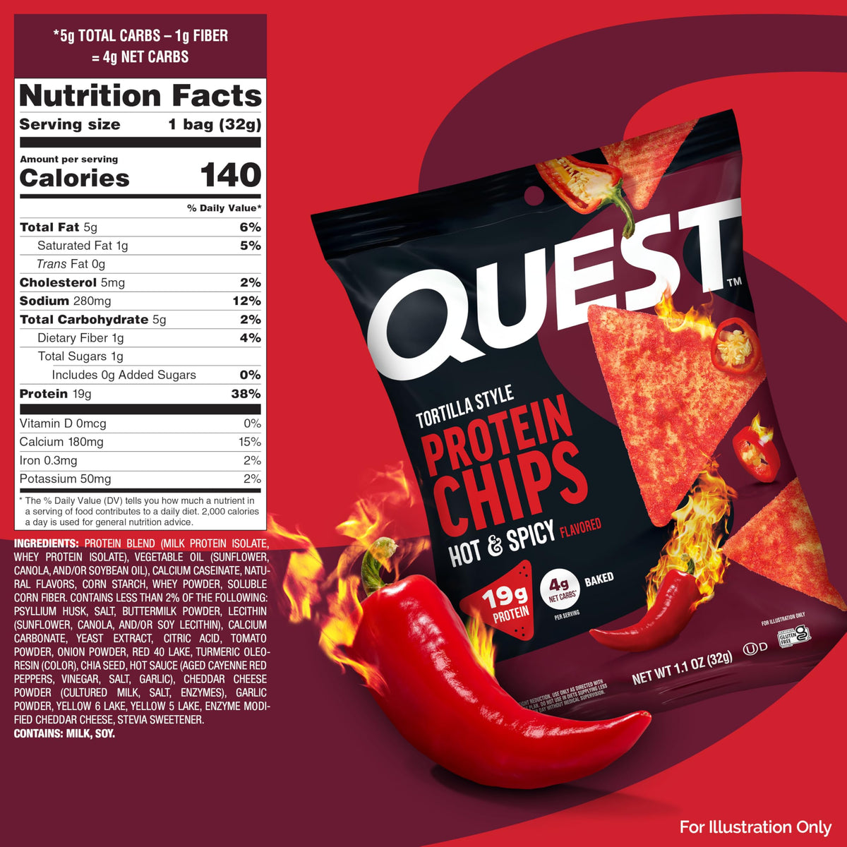 Quest gluten-free label highlights snack's bold, spicy flavor profile.