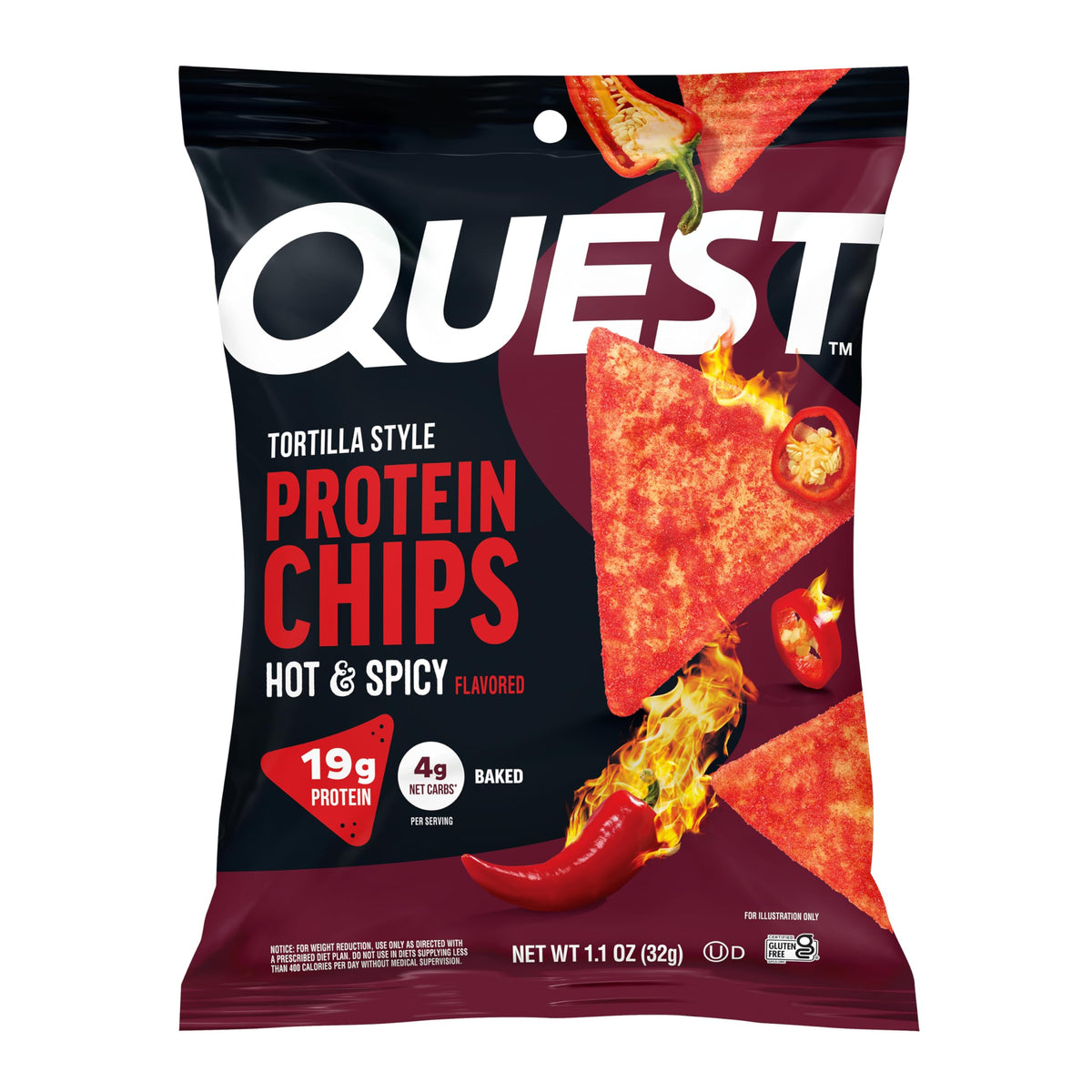Quest hot and spicy tortilla-style chips bag shows bold flavor for on-the-go snacking.