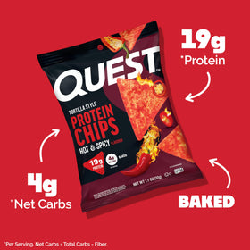 Quest protein chips close-up reveals crisp texture and spicy kick.