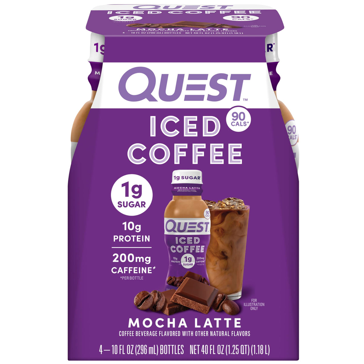 Quest Mocha Latte iced coffee bottle pour highlights rich flavor and on-the-go energy