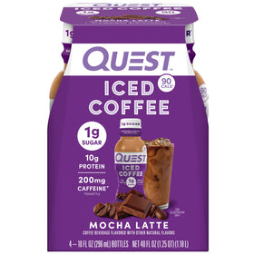 Quest Mocha Latte iced coffee bottle pour highlights rich flavor and on-the-go energy