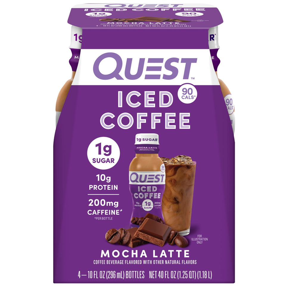 Quest Mocha Latte iced coffee bottle pour highlights rich flavor and on-the-go energy