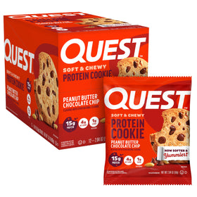 Quest Peanut Butter Chocolate Chip Cookie bag front, ready-to-enjoy protein snack