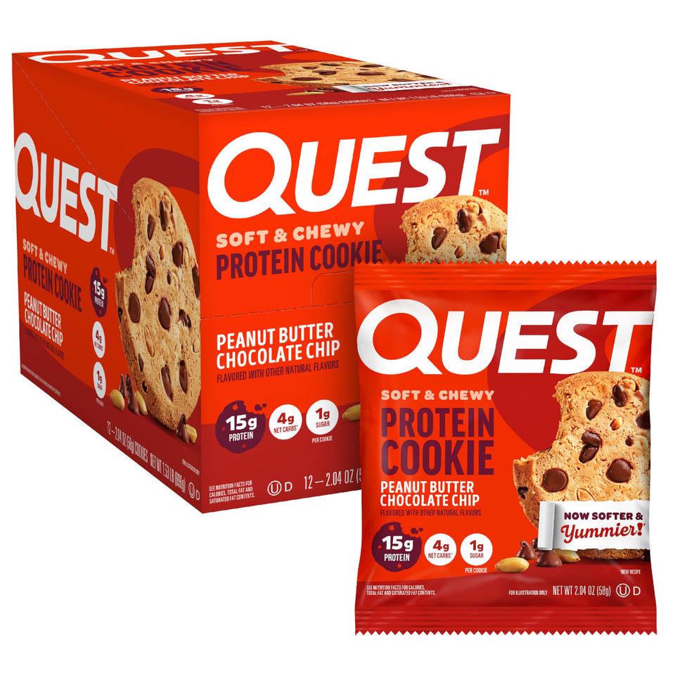 Quest Peanut Butter Chocolate Chip Cookie bag front, ready-to-enjoy protein snack