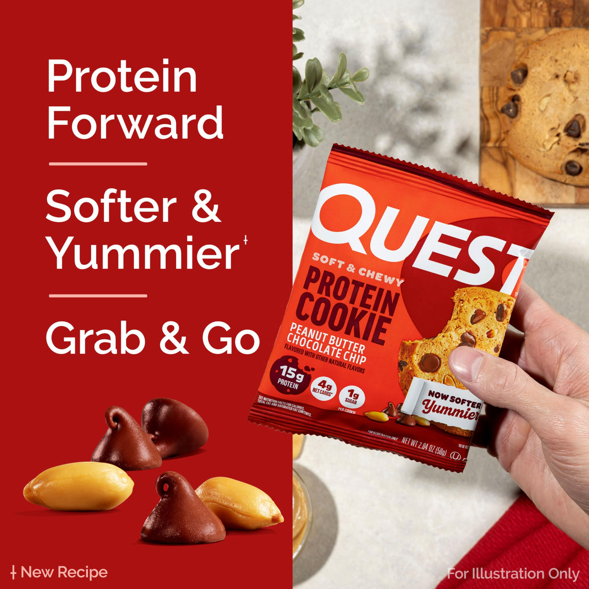 Protein scoop behind Quest Peanut Butter Chocolate Chip Cookie for fueling workouts