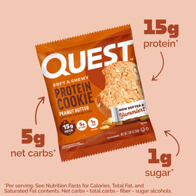 Quest Peanut Butter Protein Cookie 12-count carton shows convenient grab-and-go protein
