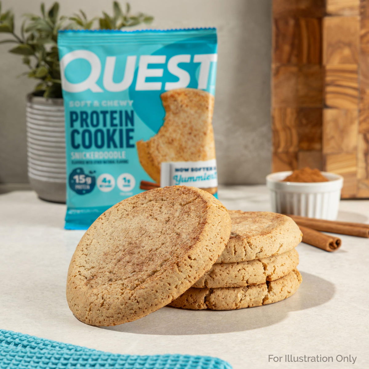 Quest Snickerdoodle cookie on a desk for a quick desk-side snack