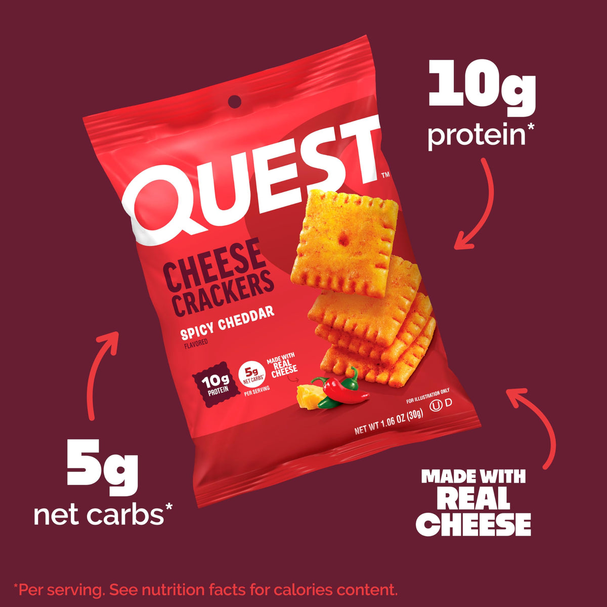 Quest Spicy Cheddar Crackers closeup highlighting real cheese flavor and crunch.