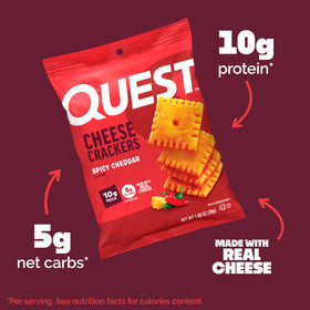 Quest Spicy Cheddar Crackers closeup highlighting real cheese flavor and crunch.