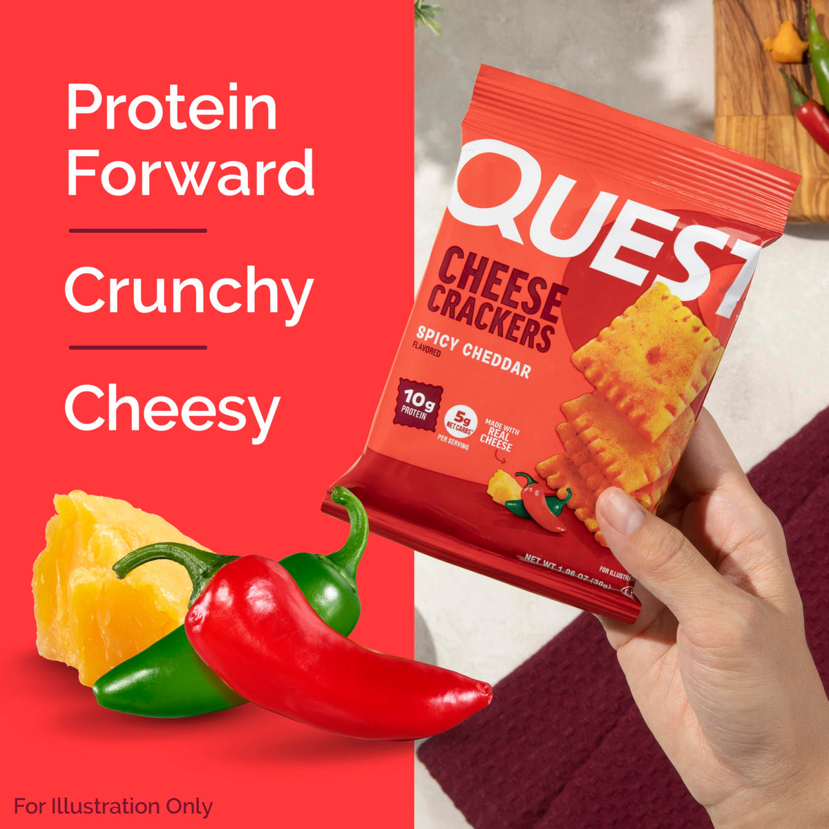 Quest Spicy Cheddar Crackers texture shot to showcase crispy bite and paprika kick.