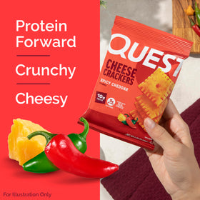 Quest Spicy Cheddar Crackers texture shot to showcase crispy bite and paprika kick.