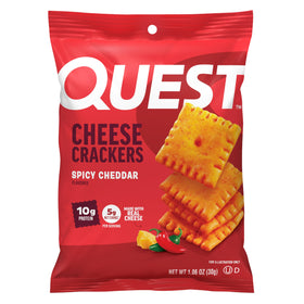 Quest Spicy Cheddar Crackers pack shot for a protein-forward snack on the go.