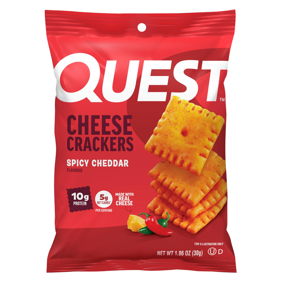 Quest Spicy Cheddar Crackers pack shot for a protein-forward snack on the go.