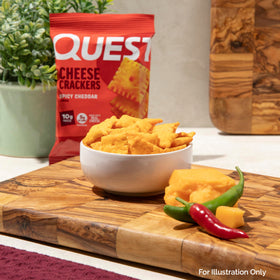 Quest Spicy Cheddar Crackers serving bowl for a quick, satisfying protein snack.