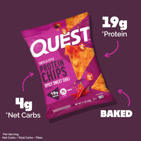 Quest Spicy Sweet Chili Tortilla Chip crunch on plate showcases game-day flavor and crunch.