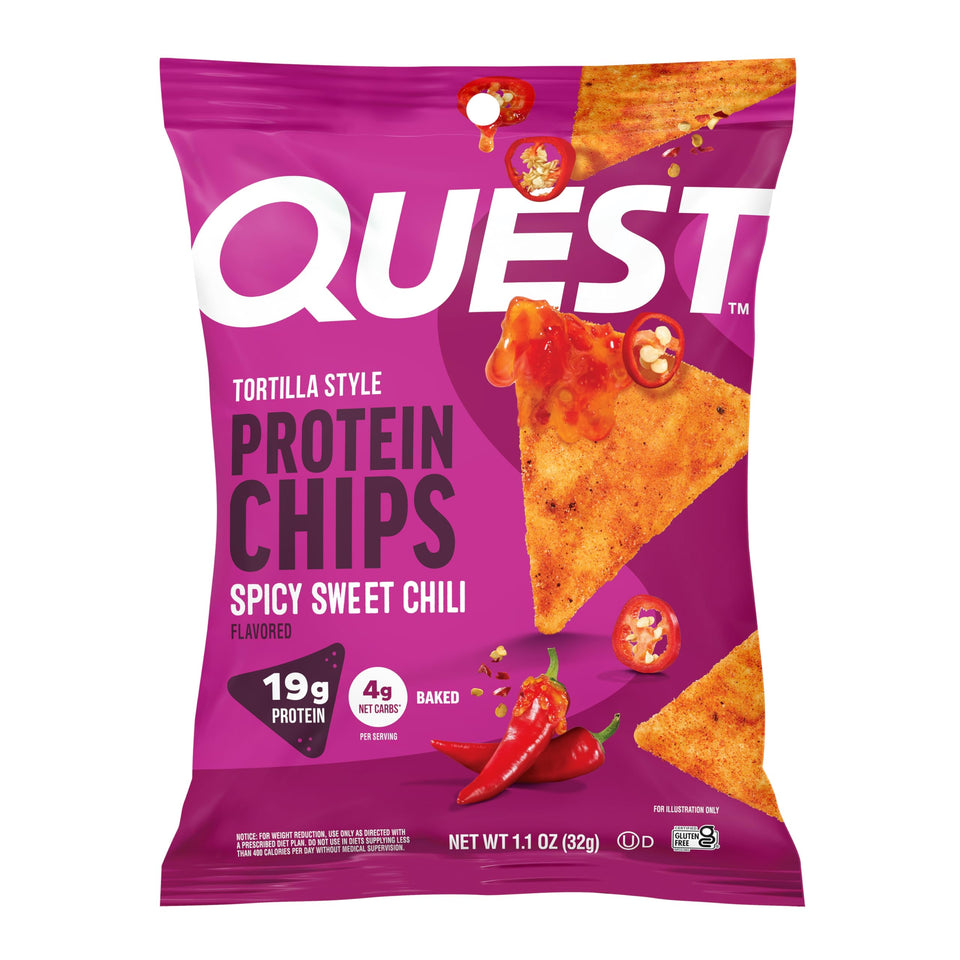 Quest Spicy Sweet Chili Tortilla Chip pack close-up highlights protein-packed snacking potential.
