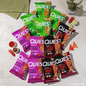 Close-up of Quest tortilla chips crunch and baked texture on display.