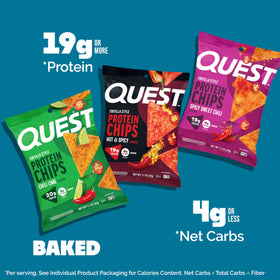 Quest Hot & Spicy tortilla chips, front view, ready for bold snacking.