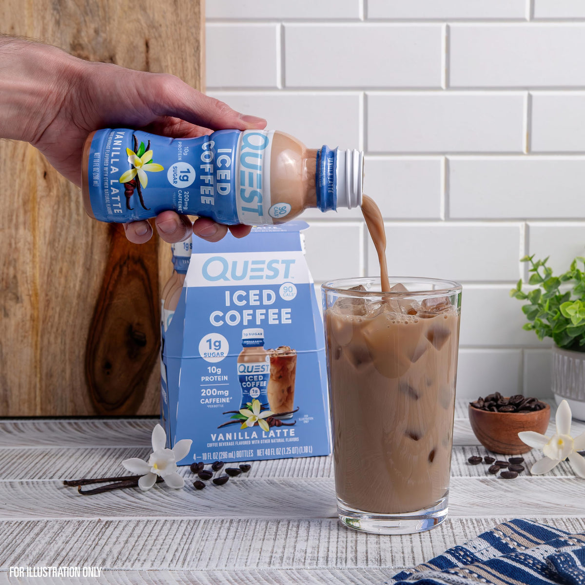 Quest Vanilla Latte iced coffee in a backpack shows portable energy for errands